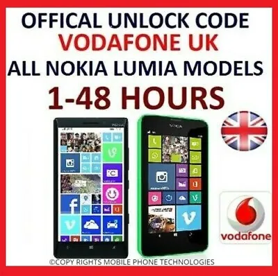 £1.80 • Buy Fast Unlock Code Nokia Lumia 515 520 525 535 550 625 635 640 735 925 Vodafone UK
