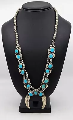 Vintage Mexico Nickel Silver & Turquoise Squash Blossom Necklace • $284.95