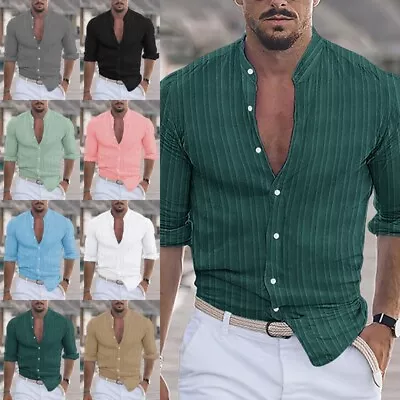 Mens Shirts Long Sleeve Tops Men Button Down Holiday Comfy Tunic Shirt V Neck • £15.72