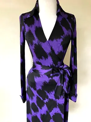 $179 • Buy 4 6 Diane Von Furstenberg Jeanne Vintage Purple Black Leopard Silk Wrap Dress