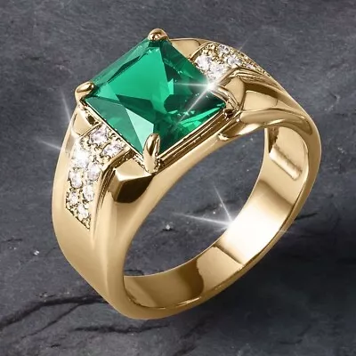Classic 4 Ct Princess Cut Lab-Created Emerald Men's Ring 14K Yellow Gold Plated • $89.94