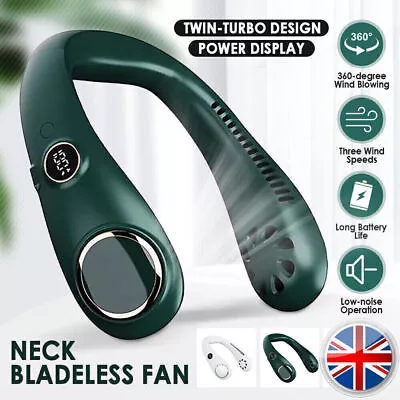 LED Bladeless Neckband Fan USB Rechargeable Neck Hanging Cooler Portable 3 Speed • £4.98