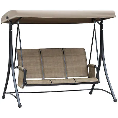 Outsunny 3 Seat Metal Fabric Backyard Balcony Patio Swing Chair W/ Canopy Brown • £224.99