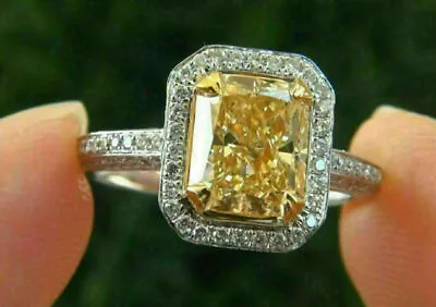 2Ct Emerald Lab-Created Yellow Diamond Halo Engagement Ring Gold Plated Silver • $87.99