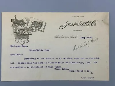 1898 GAAR SCOTT THRESHING MACHINERY Farm Advertising Letter RICHMOND INDIANA • $18.95