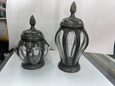 Vintage Baroque Brass And Blown Bubble Glass Apothecary Jars Made In India • $200