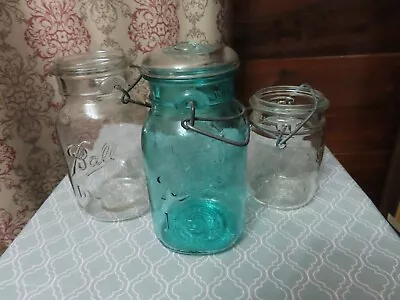 Lot Vintage Canning Mason Jars Wire Bails 1 Lid Blue Quart Clear Atlas Pint  • $9.50