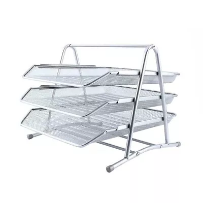 3 Tier Silver Mesh Metal Filing Letter Tray Holder Desk Paper Document Organise • £11.50