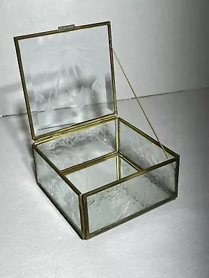 Trinket Jewelry Display Box Brass Square  Cut Glass Floral Top Vintage. • $10.99