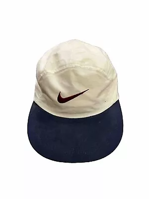 Vintage 80s Nike Mens White Blue Swoosh Logo 5 Panel Adjustable Strapback Hat • $79.99