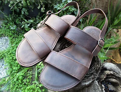 Men's Handmade Greek Leather Sandals Cushioned Slingback Slide Sandals • $48