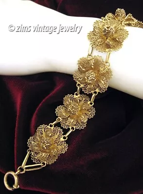 Vintage 1960s PORTUGUESE Gold Gilt Sterling Silver Filigree FLOWER Link BRACELET • $7.99