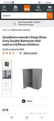 B&Q GoodHome Imandra Gloss Grey Bathroom Wall Cabinet W400 H900 D360mm • £45