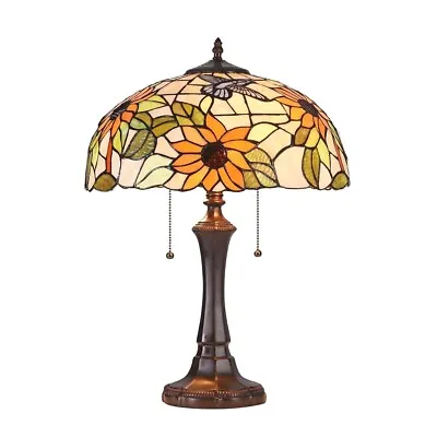 Tiffany Style 2-light Table Lamp Floral Design Dark Bronze Metal Base 22  High • $179.95