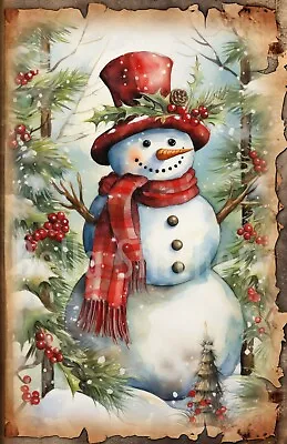 Vintage Victorian Christmas Snowman & Holly #2 Craft Sewing Cotton Fabric Block • $14.80