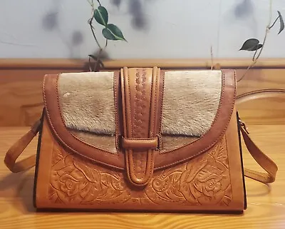 Mexican Tooled Leather Bag With Cowhide Flap Handmade Preowned • $37