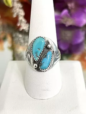 Sterling Silver Men’s Ladies Native American Stamped Design Turquoise Ring Band • $89.99