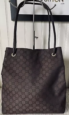 Vintage Gucci Brown GG Canvas Brown Leather Trim Tote Large Shoulder Bag • $275