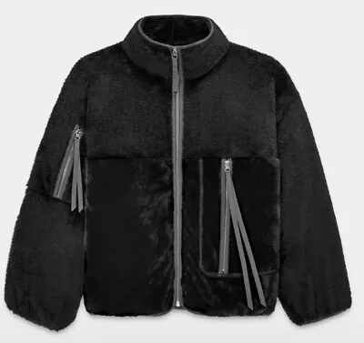 Ugg Marlene Faux Fur Jacket Size Large UGGfluff Black Sherpa Zip Fleece NEW • $77