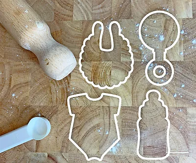 Baby Shower Cookie Cutters 3.5  Biscuit Fondant Baby Grow Bottle Rattle Bib • £3.50