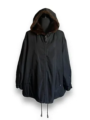 M/L PRADA Milano Rain Jacket Black Nylon Coat Mink Fur Hood Zipper Vintage • $580