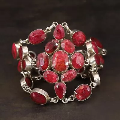 VTG Sterling Silver - INDIA Faceted Ruby Cluster Statement 7  Bracelet - 77g • $3.25