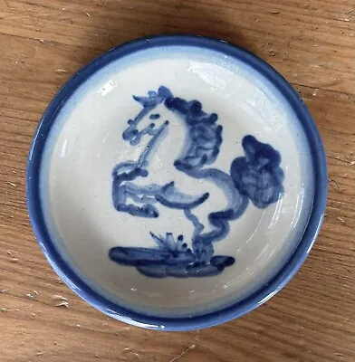 MA Hadley Pottery Blue Horse 4 1/4  Round Trinket / Coaster Dish Farm Series • $11.99