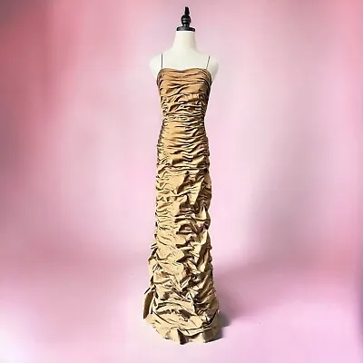 90s Vintage Rouched Bronze Gown Gathered Formal Dress Pinup 1990s • $172