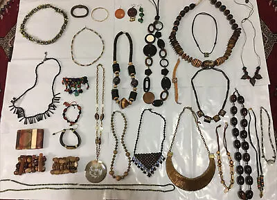 $64.95 • Buy 28 Pc Necklace+ Lot Wood Carved African Tribal Shells Animal Beaded Jewelry Av40