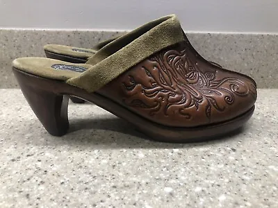$25.95 • Buy SALPY Handmade Shoes Clogs Brown Tooled Leather Mules Slides Slip On Size 9.5