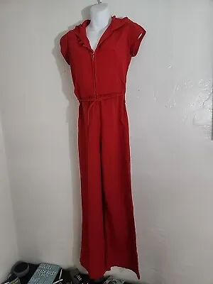 Vintage 70's Jumpsuit Cotton Hooded Sz 7 Sleeveless Bell Bottom Flare Red 1970's • $69.99