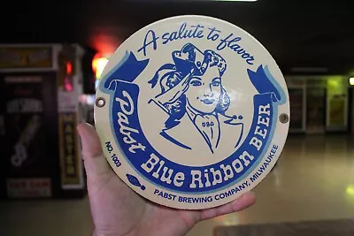 Rare Pabst Blue Ribbon Beer Salute Lady Dealer Porcelain Metal Sign Wisconsin • $175