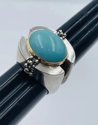 Michael Dawkins Sterling Silver & Yellow Gold Bezel Blue Turquoise Ring Size 7 • $150