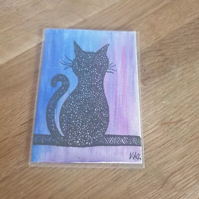 Aceo New Watercolour Painting Black Cat Original Work By Vicki  2023 Colourful • £2.96