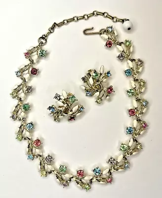 Vintage Enamel And Multicolored Rhinestone 1970s Necklace And Earring Set • $19.99