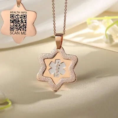 Personalized Engraved Heart Pendant Medical Necklace QR Code Alert Necklace • £22.52