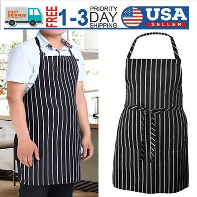 Men Women Adjustable Black Stripe Bib Apron With 2 Pockets Polyester Cook Apron • $9.13