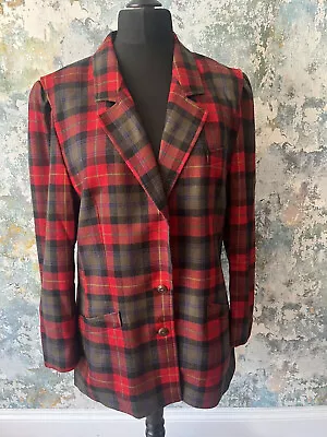 UK 16 Vintage Basler 80s Red Tartan Blazer Jacket Wool Tweed Check Plaid • £23.79