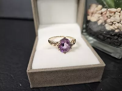 9ct YELLOW GOLD & Purple Amethyst Ring Size N 2.9g Solitaire Cocktail Dress QVC • £85