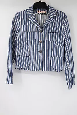 Marni Blazer Womens 40 Blue Striped Casual Jacket Cotton Pockets Made In Italy • $104.99