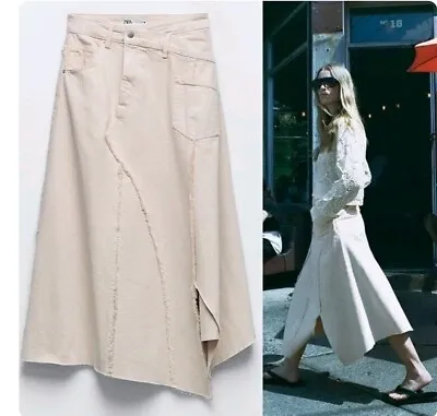 ZARA SAND ECRU FRAYED MIDI SKIRT ASYMMETRIC  Size M 6840/241 • £32.99