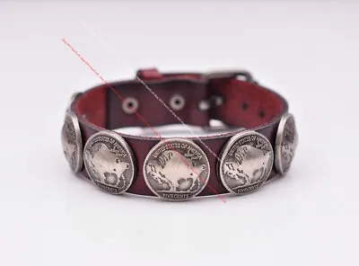 Western Buffalo Concho Veg Tan Brown Leather Wrap Bracelet Wristband Cuff Bangle • $8.16