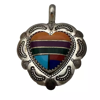 Vintage Signed  QT Sterling Silver Multi Inlay Stone Heart Pendant 4.4 G • $89.87