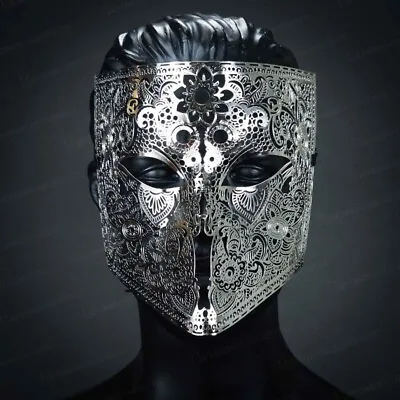Metal Laser Cut Venetian Buata Style Halloween Men Masquerade Mask (Silver) • $20.95