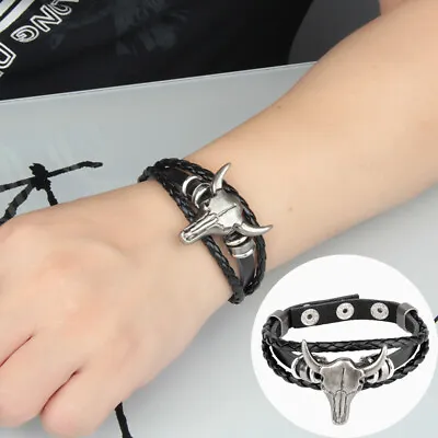 Men Punk Rocker Biker Bracelet Gothic Rock Heavy Leather Wristband Hiphop Cuff • $8.89