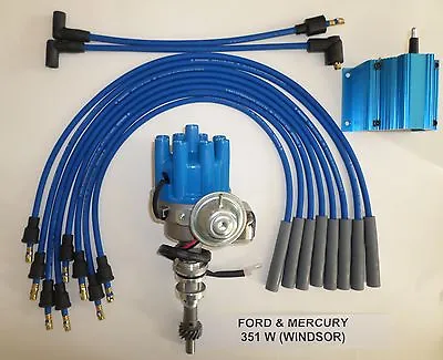 FORD 351W Windsor BLUE Small Female HEI Distributor  +50K COIL +Spark Plug Wires • $158.98