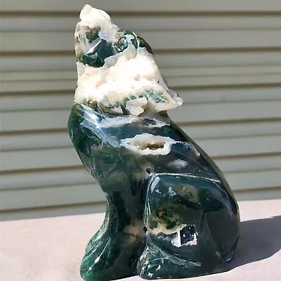 1.66LB Hand Carved Natural Druzy Moss Agate Wolf Crystal Animal Carving Gift • $0.99