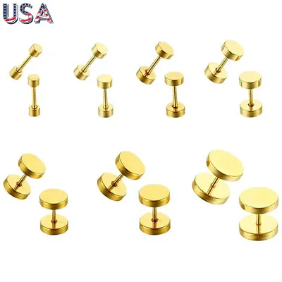 Gold Stud Earrings Faux Gauges Ear Tunnel Stainless Steel Earrings For Men Women • $4.98