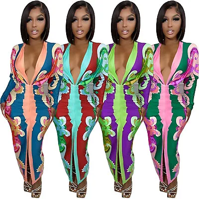 $30.62 • Buy Stylish New Women V Neck Long Sleeves Colorful Print Bodycon Club Party Dress