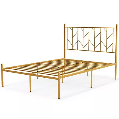 4FT6 Double Metal Bed Frame Heavy-duty Slatted Platform Bed With Headboard • £79.95